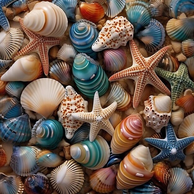 Colorful seashells, starfish, and spotted sea urchins arranged together in blue, orange, and cream tones