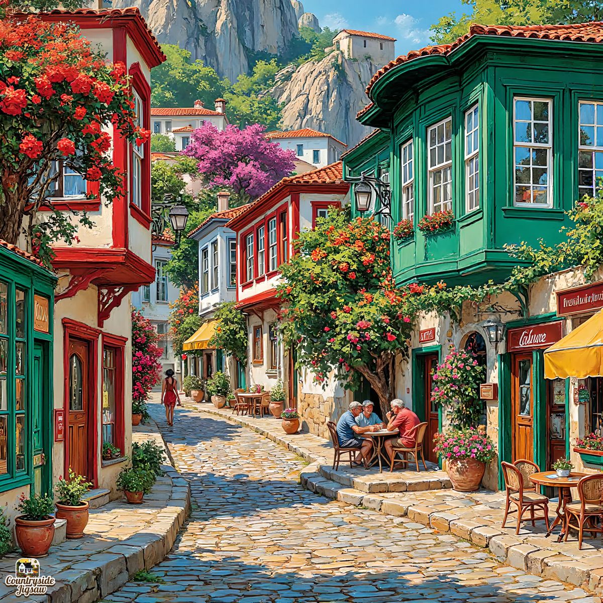Picturesque village street with colorful houses, flowers, and mountain view