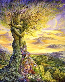 Fantasy painting of two tree-like figures embracing on a hilltop with flowers, sunset sky, and crescent moon