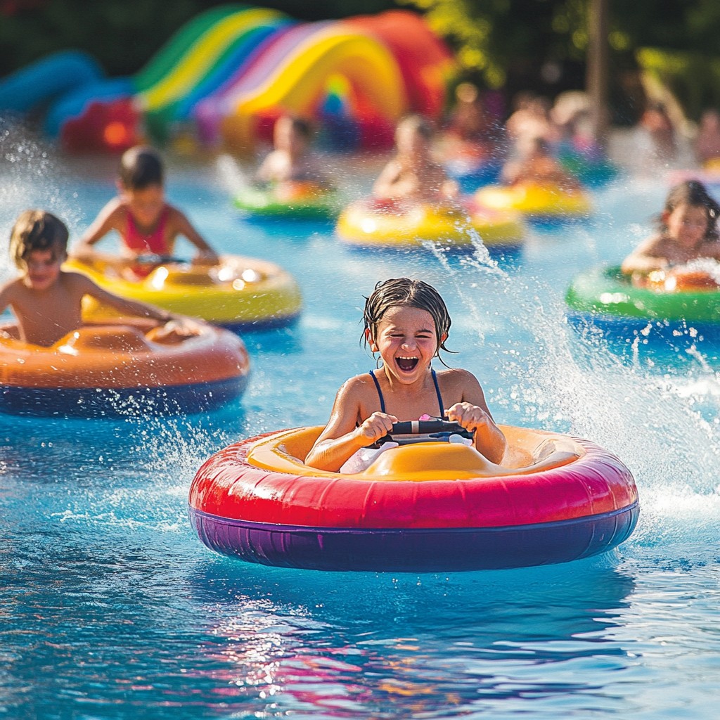 Smiling girl on colorful inflatable tube at water park with other children in background
