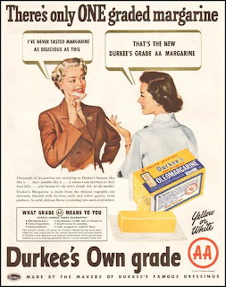 Vintage Durkee's margarine advertisement showing two women in conversation with yellow margarine package