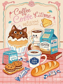 Cute cat cupcake with coffee, pastries, cookies, bread and coffee cartons on pink checkered table