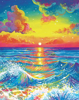 Colorful painted sunset with rainbow clouds over ocean waves and sun reflection