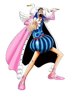 ONE PIECE anime character wearing black jacket, pink cape, striped blue pants, and pink shoes with white bird companion