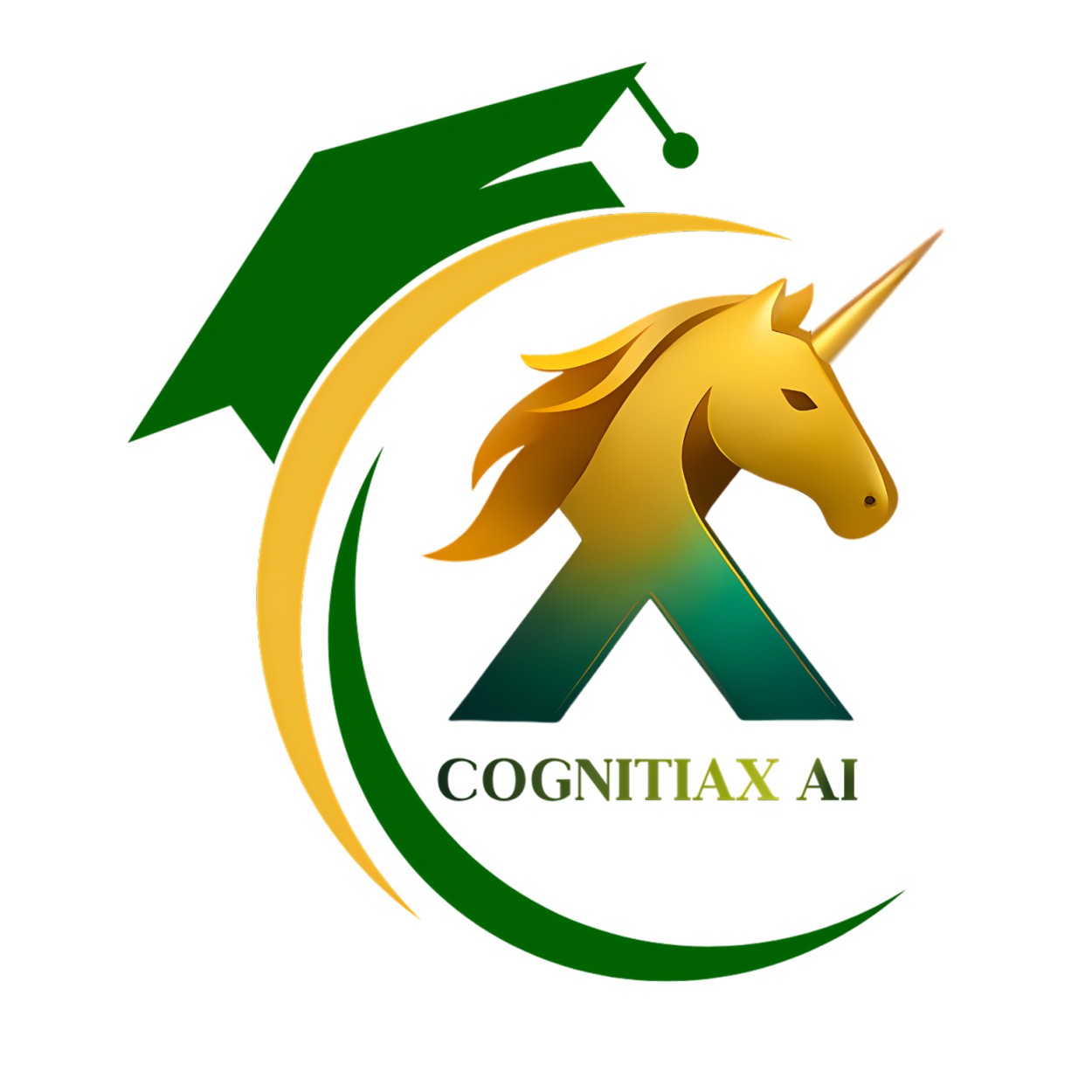 Stylized unicorn head with graduation cap inside a green and gold circular swoosh