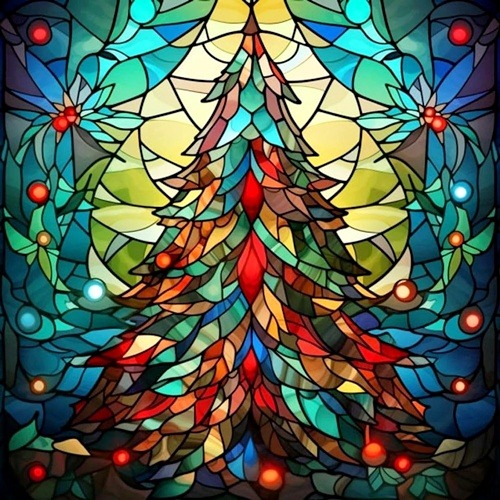 Colorful stained glass Christmas tree with geometric patterns and ornaments on mosaic background