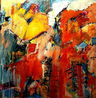 Abstract painting with bold red, orange, yellow, blue, and white textured brushstrokes