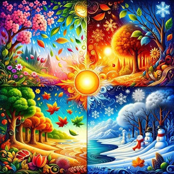Colorful four seasons fantasy art with spring, summer, autumn and winter quadrants meeting at a bright central sun