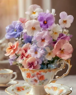 Colorful pastel pansies arranged in a decorative porcelain teacup with gold trim