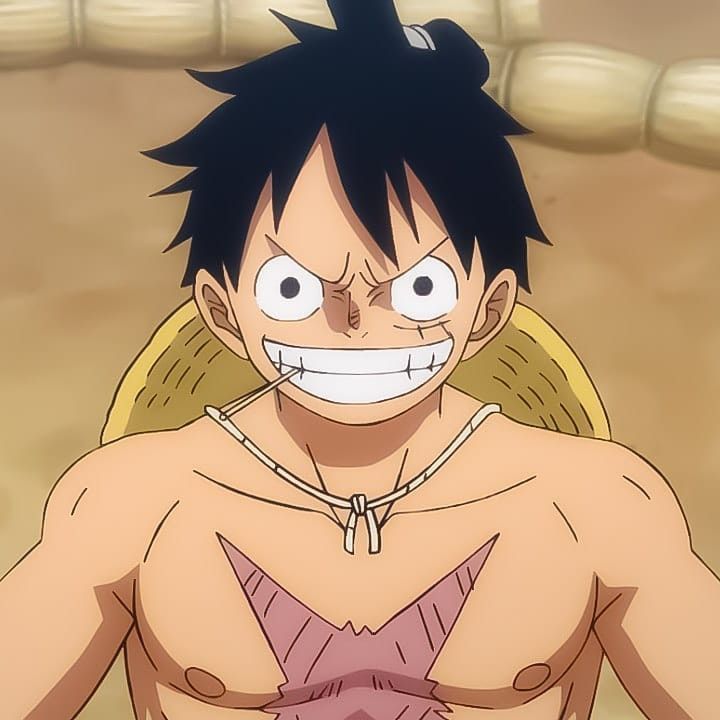 Luffy from One Piece anime grinning with straw hat scar on forehead