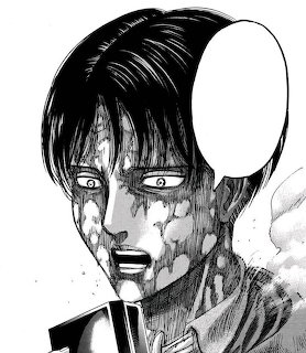 Black and white manga drawing of Levi Ackerman with blood on his face, intense expression