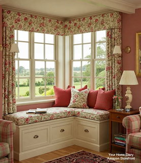 Cozy corner window seat with floral curtains and red cushions overlooking a green countryside
