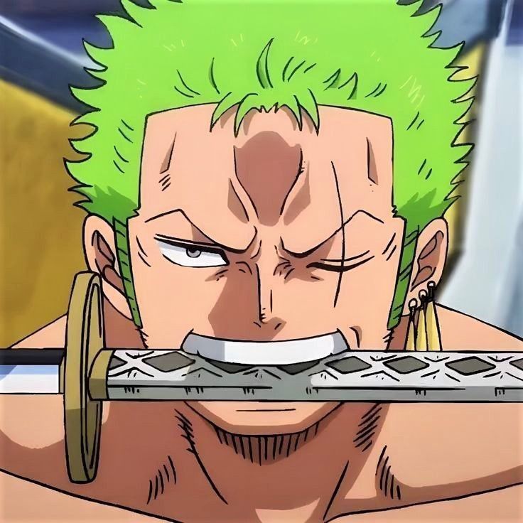 Roronoa Zoro anime character with green hair biting sword