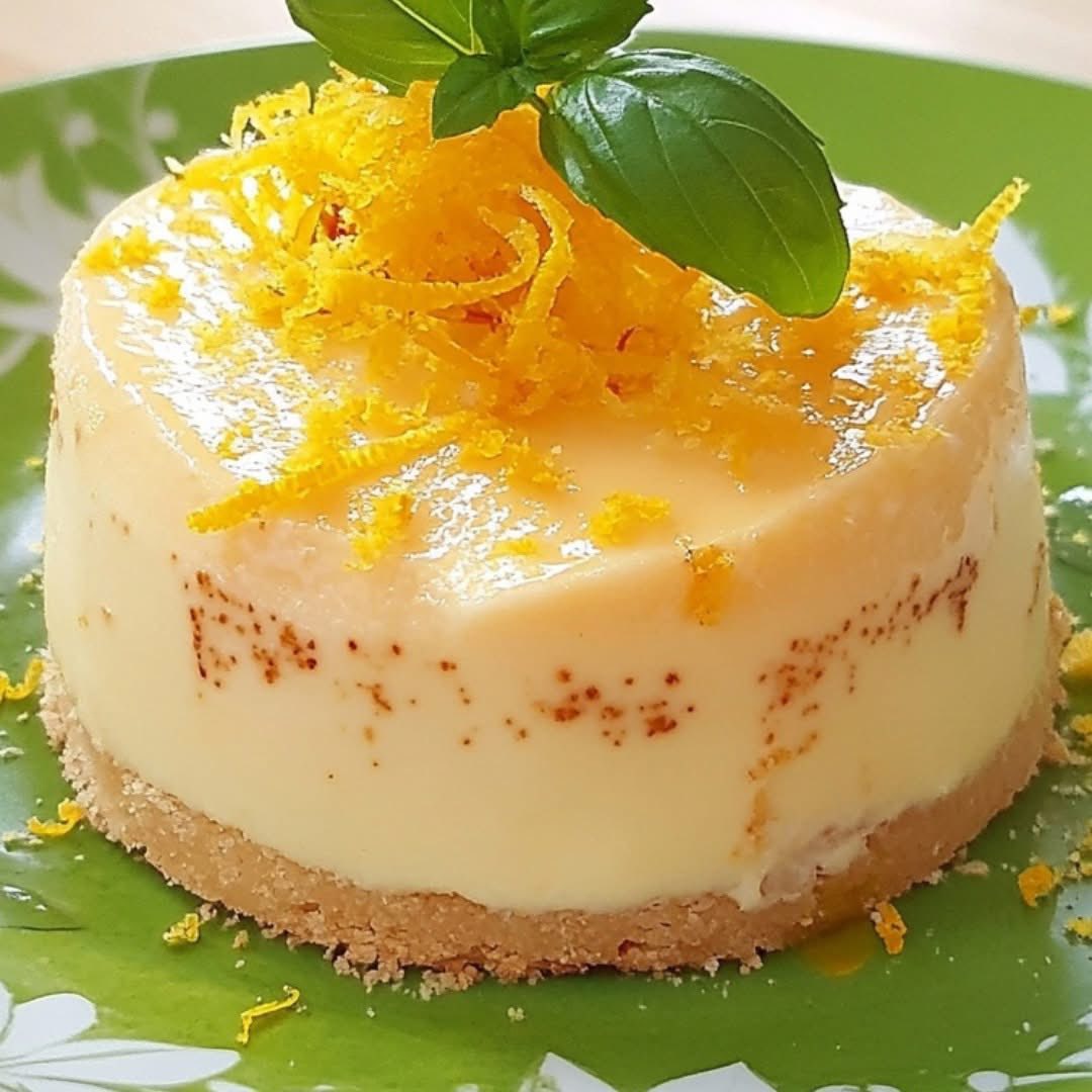 Round lemon bavarois cake topped with citrus zest and green leaves on a white plate with green leaf decoration