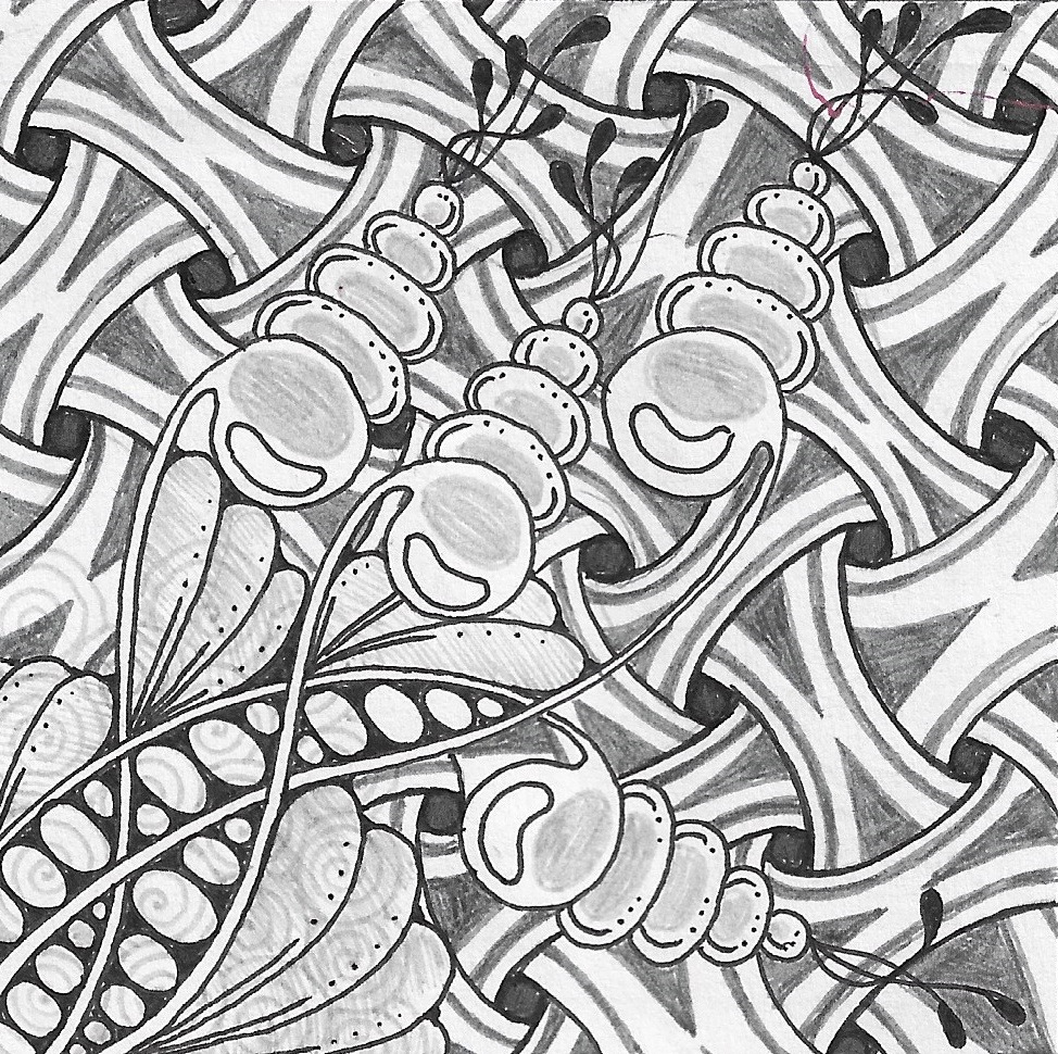 Black-and-white zendoodle drawing with abstract flowers, leaves, and wavy striped patterns