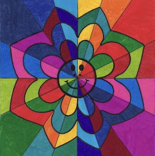 Colorful abstract flower with geometric petals in bright rainbow shades