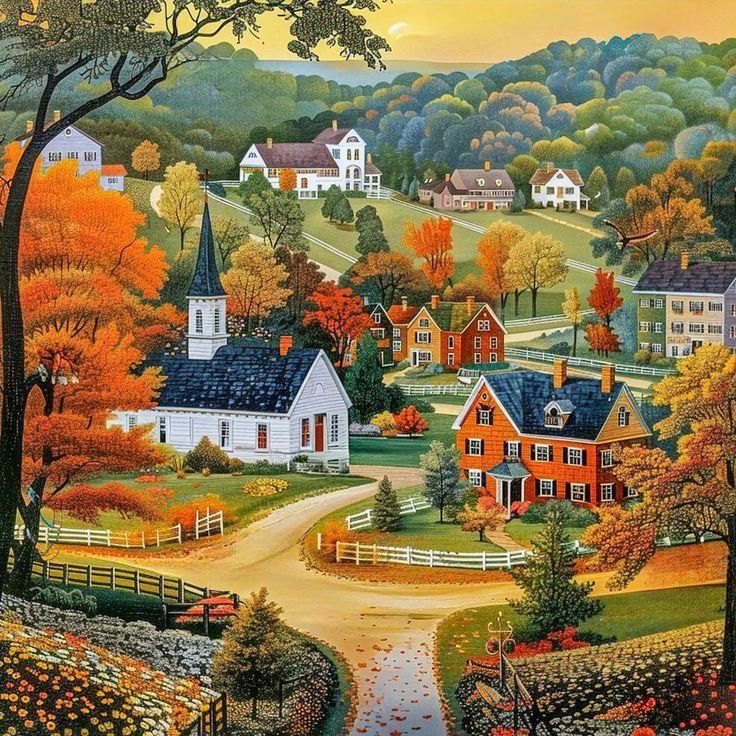 Illustrated autumn village scene with white church, orange and red houses, trees with fall colors, and rolling hills