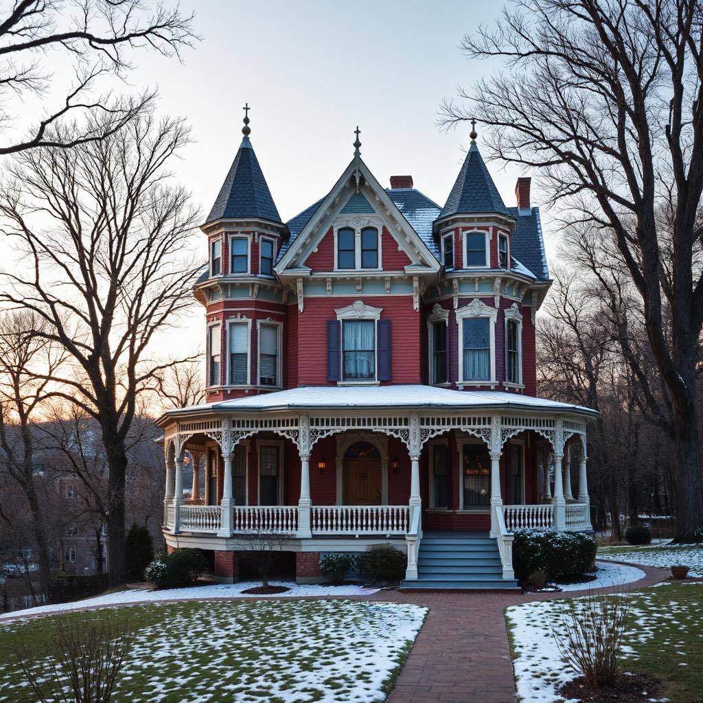 Red Victorian mansion with white wraparound porch and towers at dusk in winter