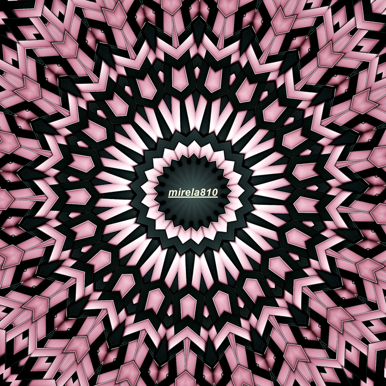 Geometric mandala with pink, black and white radiating symmetrical pattern