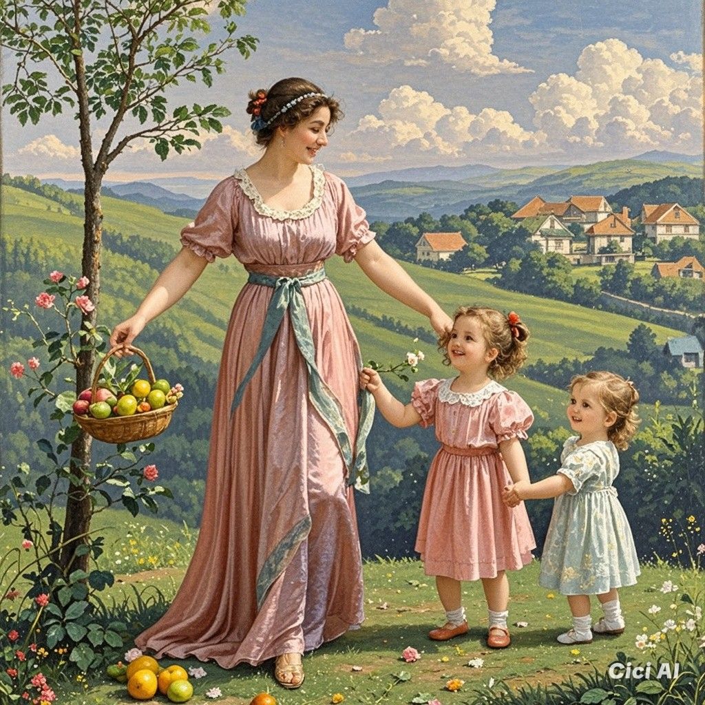 Vintage painting of mother and two daughters in garden with village backdrop