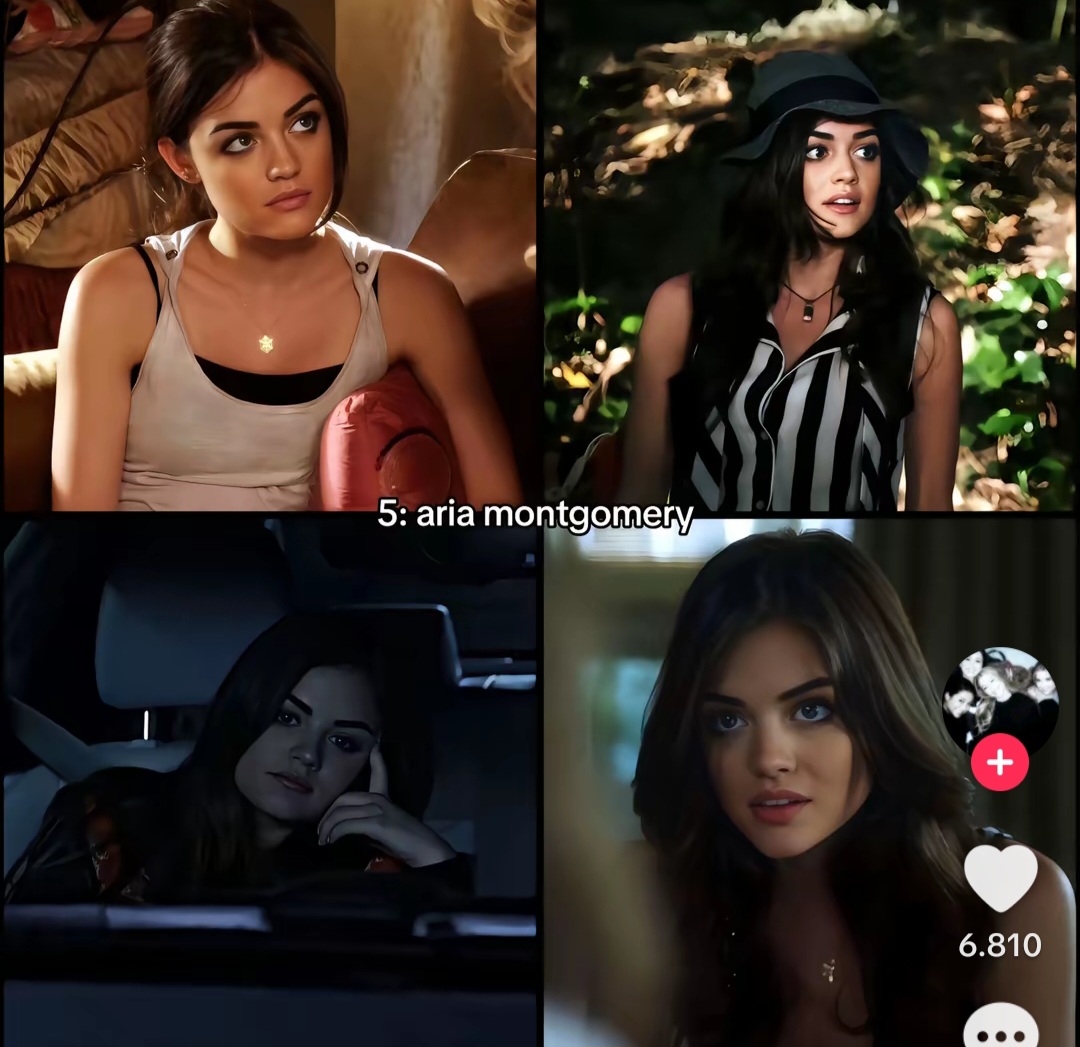 Four-panel collage of Lucy Hale in different scenes and outfits with close-up portraits