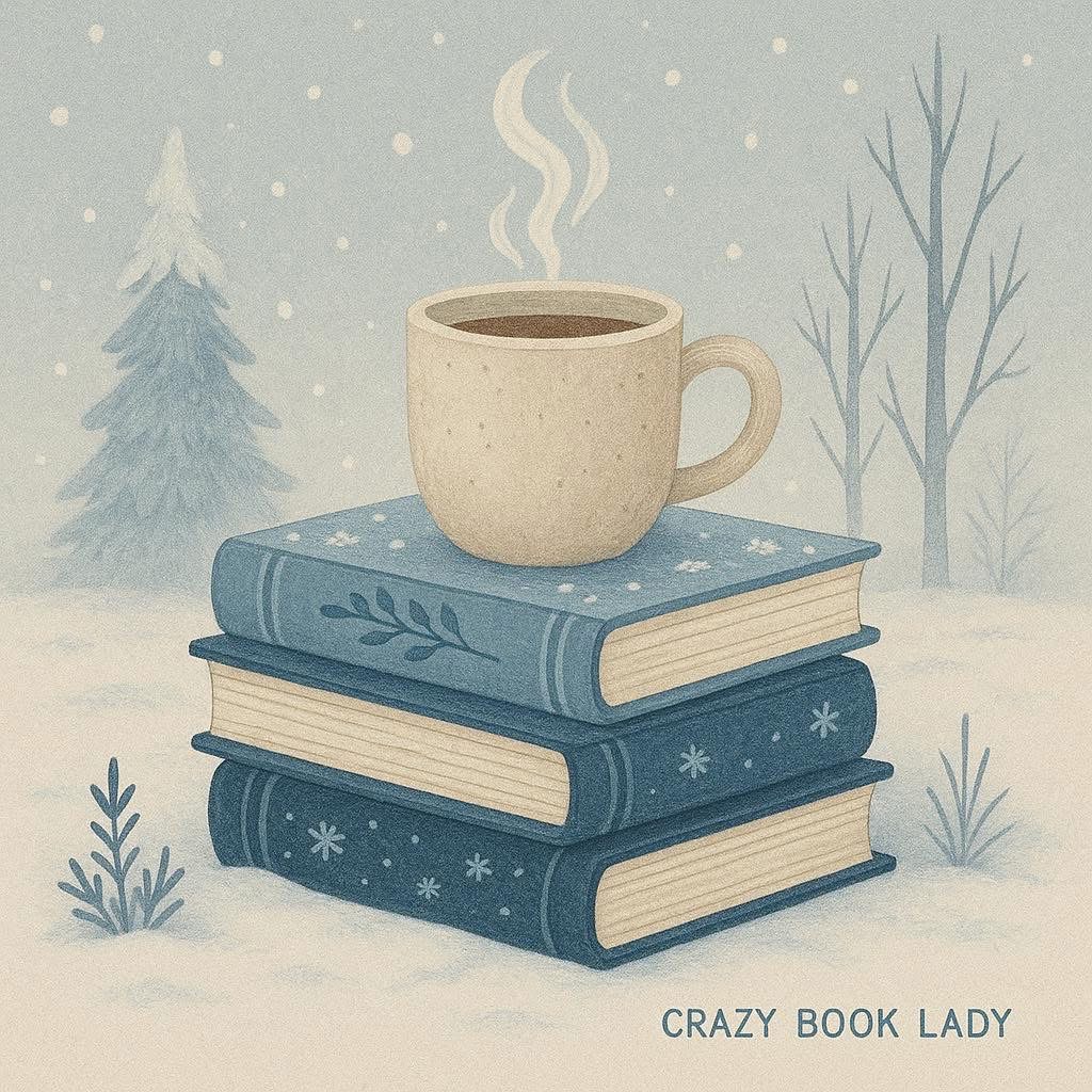 Illustrated stack of blue books with coffee mug on top, flanked by winter trees and falling snowflakes