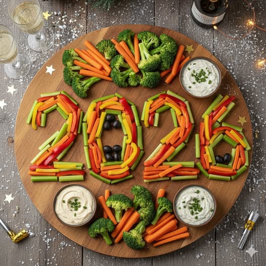 Fresh vegetables arranged in the shape of 2026 on a wooden serving board with dip bowls