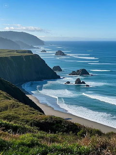 Scenic Oregon coast with steep cliffs, rock formations in ocean, and waves rolling onto beach