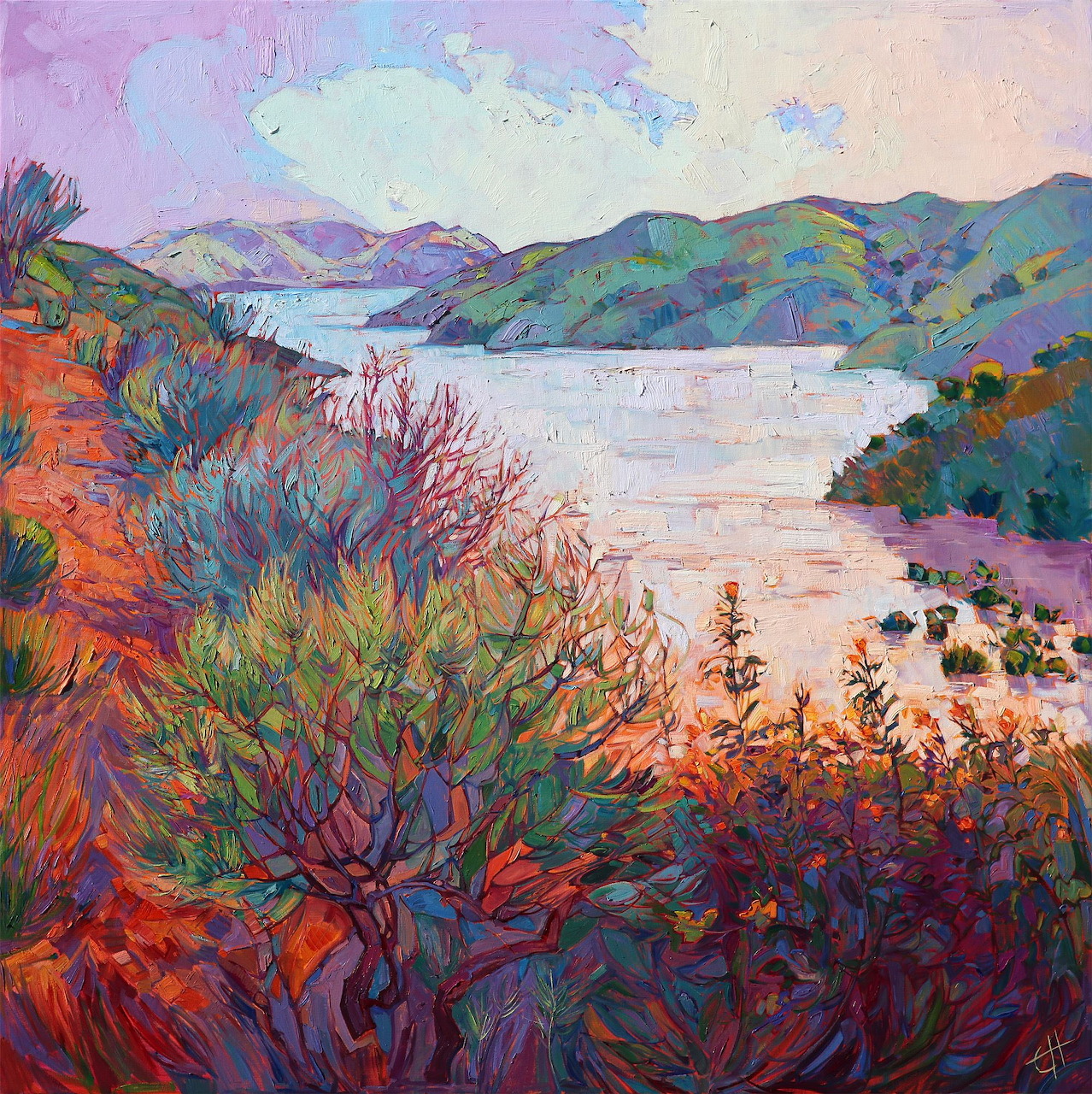 Impressionist painting of a serene lake with colorful hills and vibrant foliage