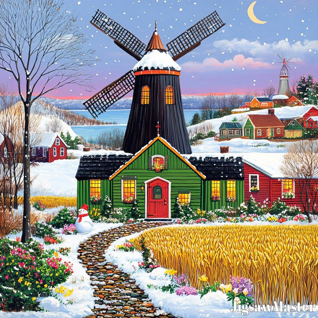 Painting of a snowy village with a windmill, cottages, moonlit sky, and a winding path