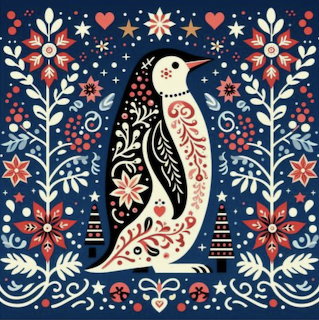 Folk art bird illustration with flowers, stars, and hearts on a dark blue background