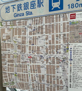 Street map of Ginza in Tokyo with Ginza Station sign at the top