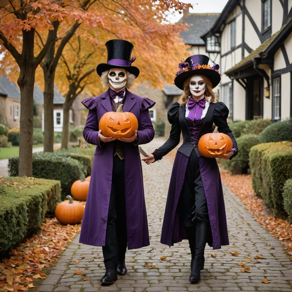 Couple in skeleton makeup and purple Victorian costumes holding pumpkins on autumn street