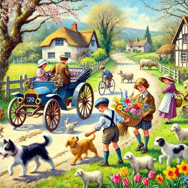 Vintage village scene with classic car, thatched cottages, children with flowers, dogs, and countryside backdrop
