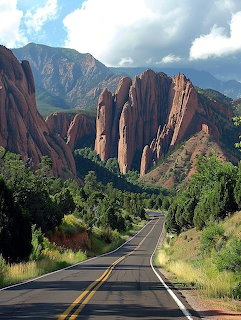Paved road leading through towering red rock canyon formations in Utah with green vegetation and cloudy sky