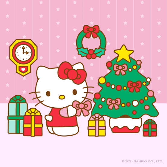 Hello Kitty standing by Christmas tree with presents and wreath on pink background