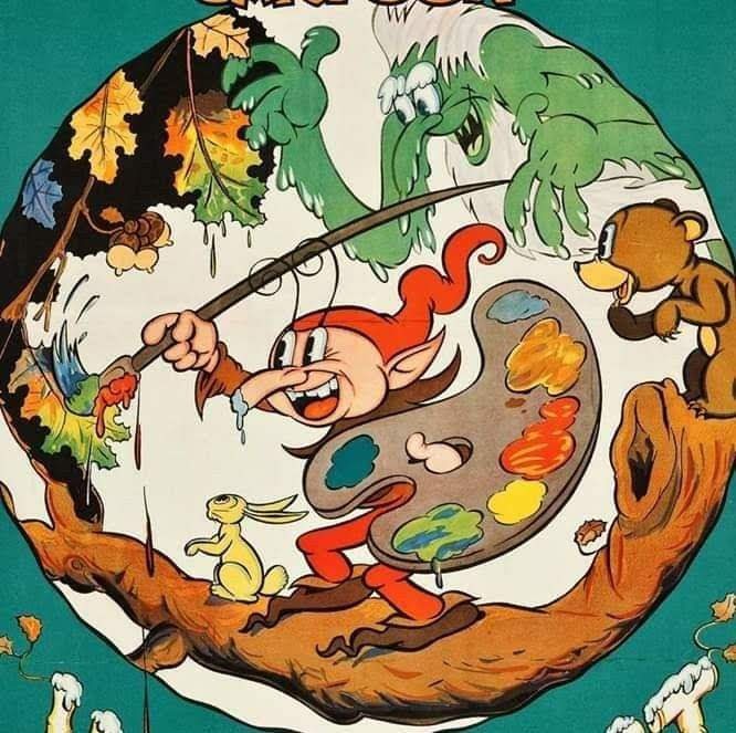 Cartoon elf painter on a tree branch with palette and brush, surrounded by green monkeys