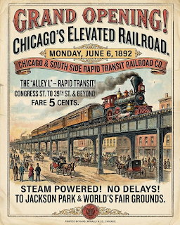 Vintage poster showing Chicago's elevated railroad grand opening with steam train and crowds below