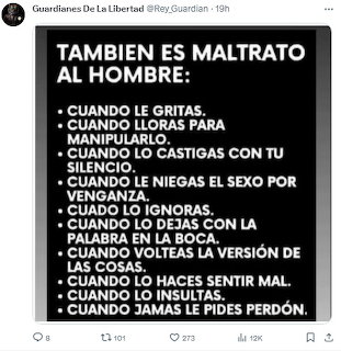 Tweet in Spanish titled 'También es maltrato al hombre' listing abusive behaviors toward men.