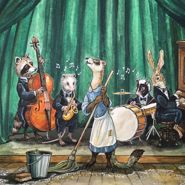 Illustrated animal musicians in vintage attire performing with instruments on stage