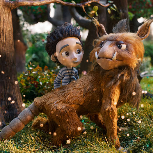 Stylized boy with a furry fantasy creature in a forest clearing