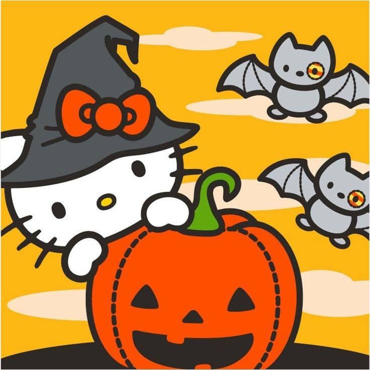 Hello Kitty wearing a witch hat with a pumpkin and two bats in an orange sky