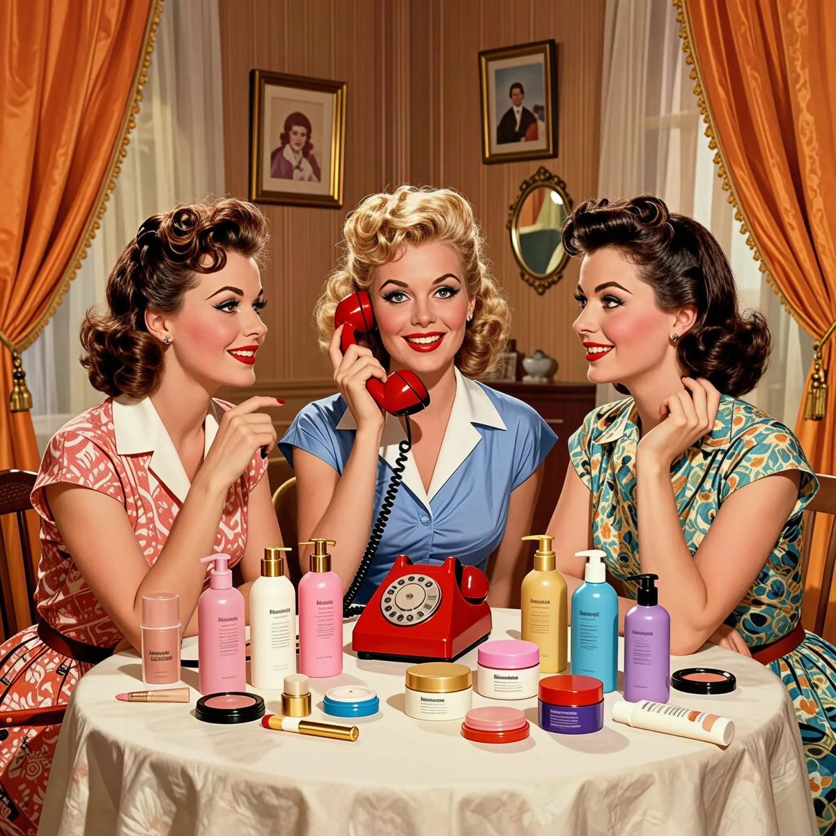Three retro-styled women at vanity table with makeup and rotary phone