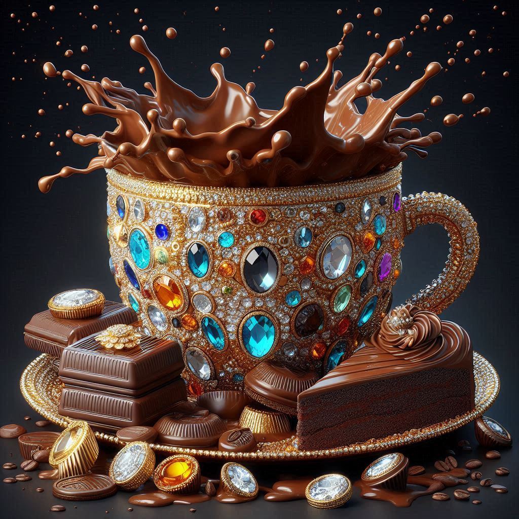 Gem-studded cup with a chocolate splash, surrounded by chocolates, jewels, and coffee beans