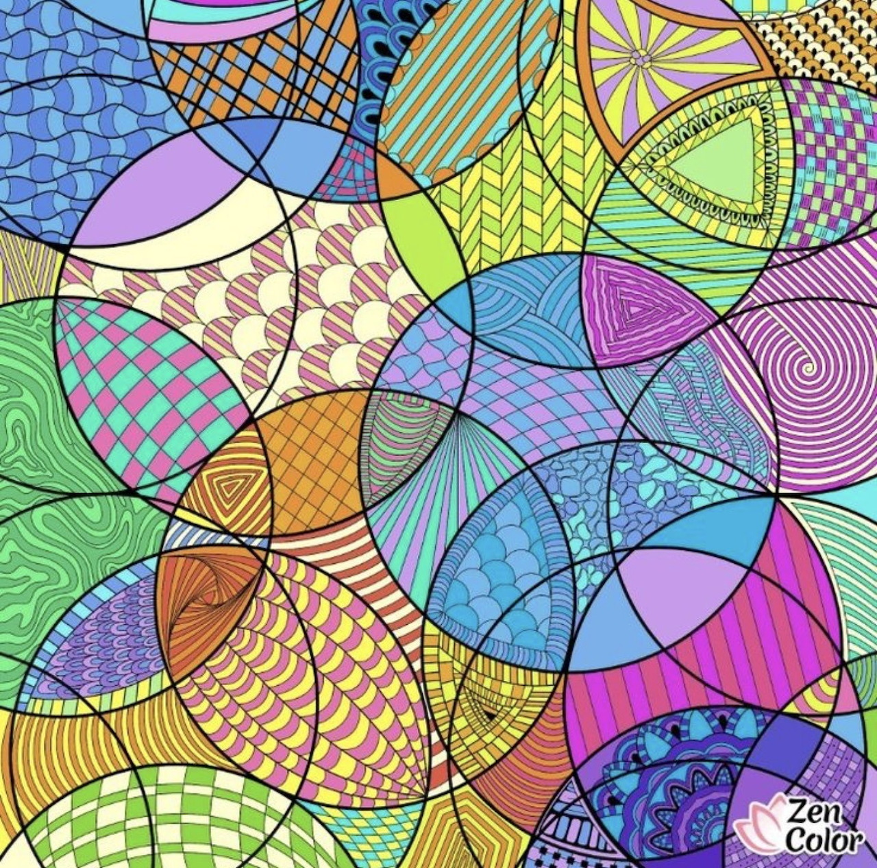 Colorful abstract stained glass pattern with overlapping geometric shapes and varied textures