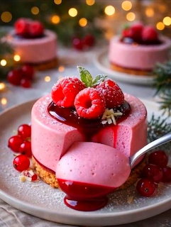 Pink mousse desserts topped with strawberries, raspberries, and red currants on white plates with holiday lights