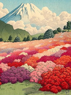 Japanese woodblock print of Mount Fuji with colorful spring flower fields in foreground