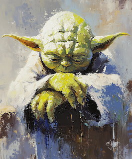Oil painting portrait of Yoda in impressionist style with thick brush strokes