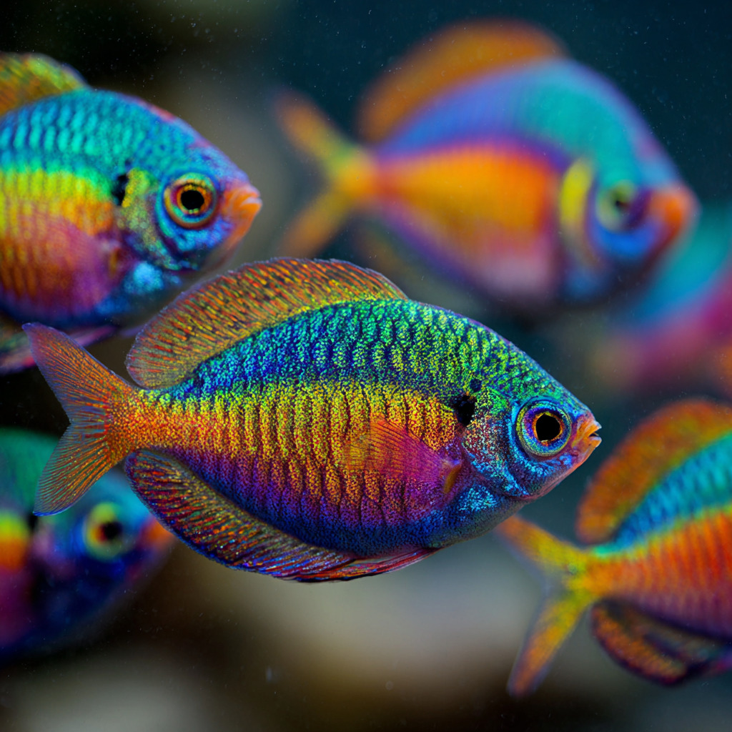 Colorful tropical fish with rainbow scales swimming in soft-focus water
