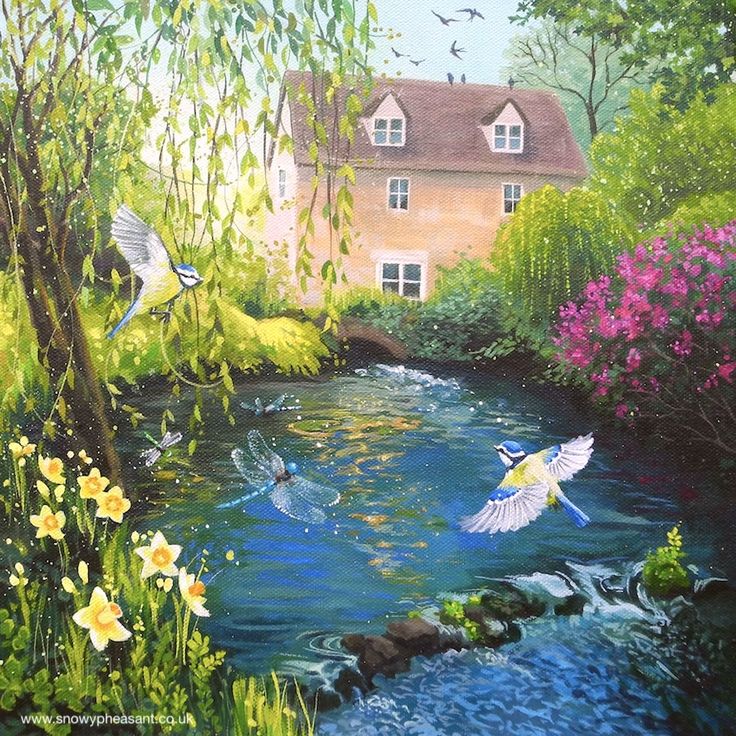 Painting of a cottage by a blue pond with flowers, trees, and birds flying over the water